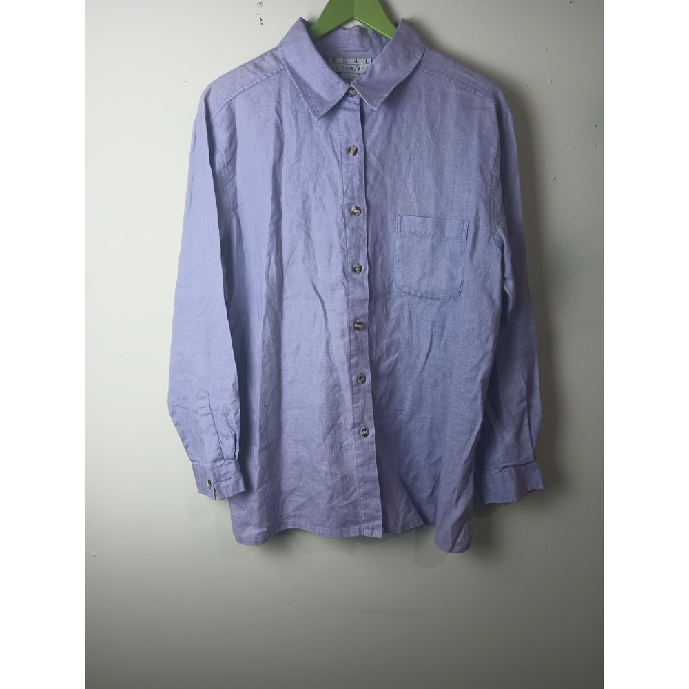Real Comfort Womens Lavender 100% Linen Button Down Shirt Long Sleeve Large